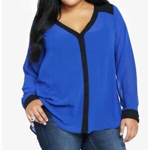 TORRID Hi-Lo Blouse Sheer Open Draped Back Blue Black Women's 2 (18/20)